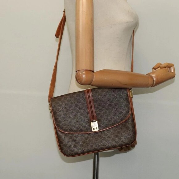 CELINE Macadam Canvas Shoulder Bag PVC Leather Brown Gold Auth - Picture 1 of 16